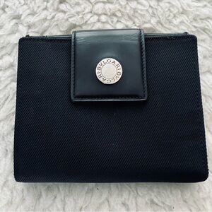 BVLGARI Black Canvas Patent Leather Bifold Compact Wallet